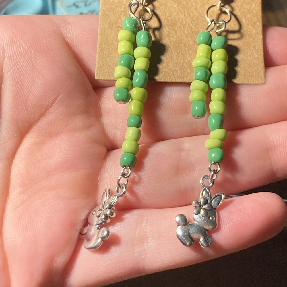 Green beaded bunny earrings